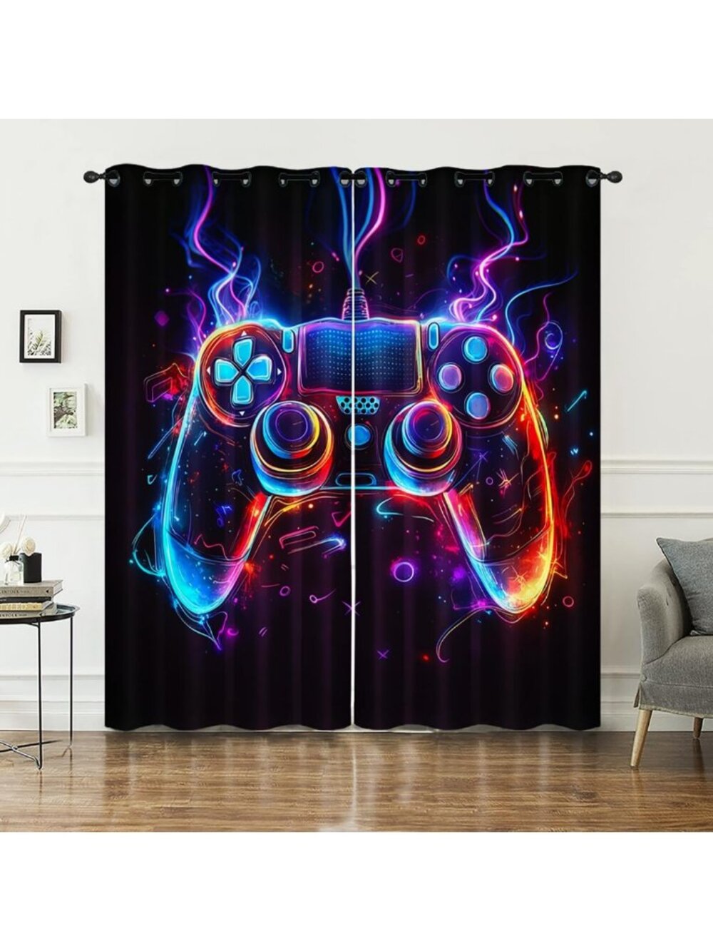 Colorful Gamer Window Curtains 42"x63" - 3D Video Game Controller Drapes, 2